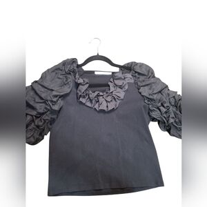 Uterque Black Cotton And Silk Ruffled Sleeve Top Size Small
